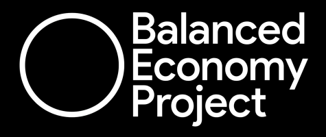 White circle on black background. Words Balanced Economy Project