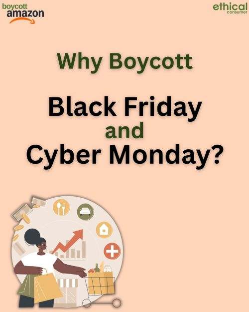 Graphic with line drawing of person pushing a shopping cart and carrying bags