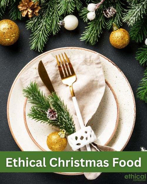 Plate with knife and fork, surrounded by Christmas festive decorations
