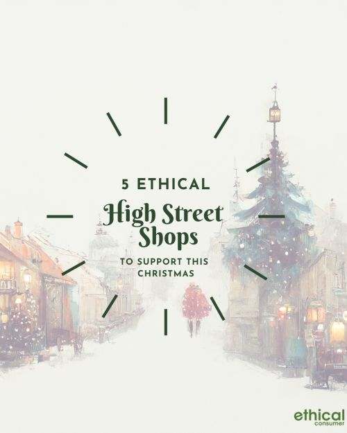 Snowy scene of old fashioned high street shops