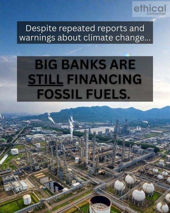 Panorama of oil refinery industrial landscape. Words big banks are still financing fossil fuels