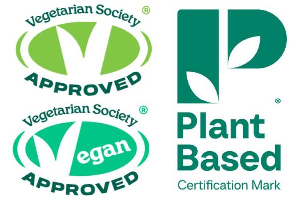 Three logos for Vegetarian Society approved products